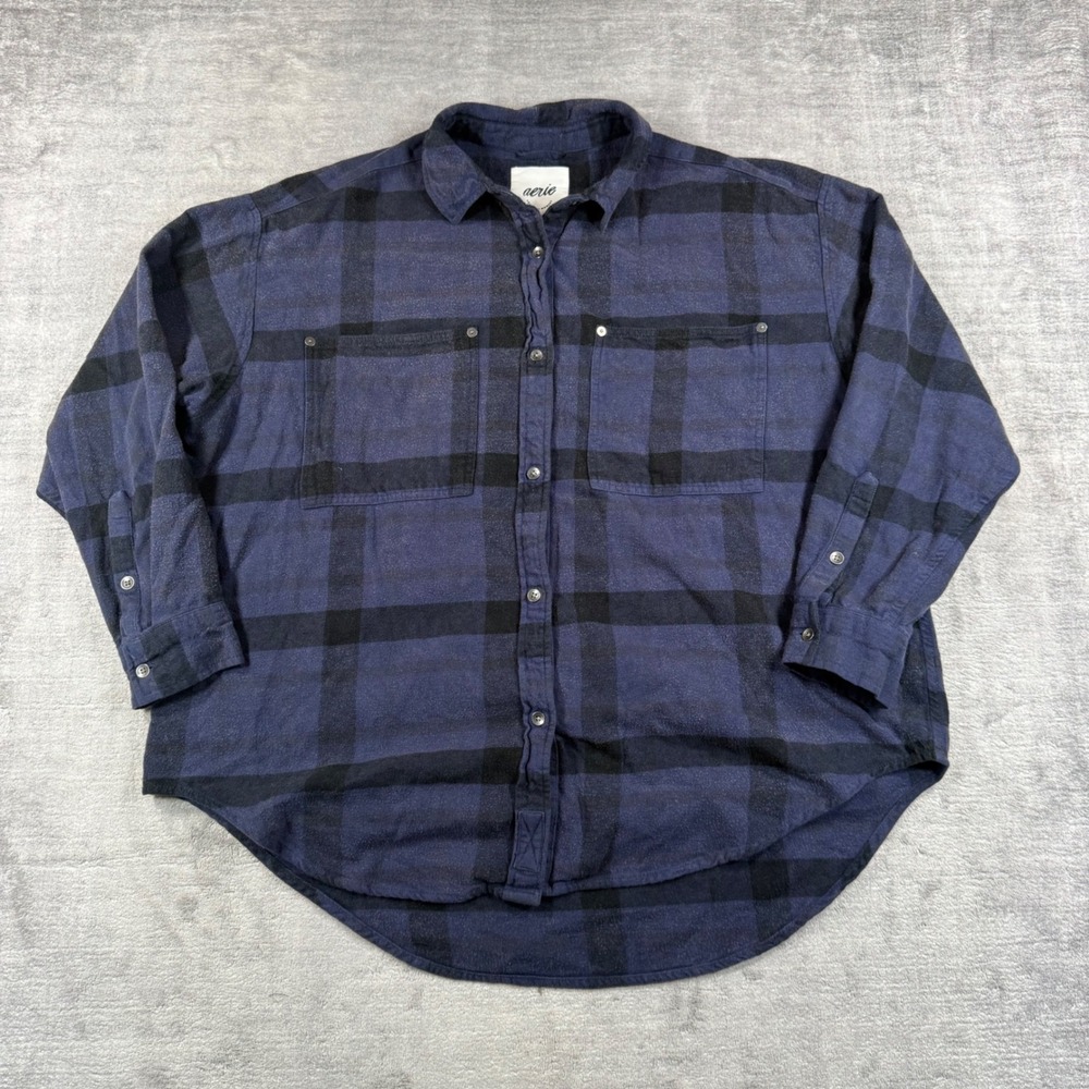Aerie Shirt Womens Medium Blue Plaid Flannel Button Down Oversized Grunge